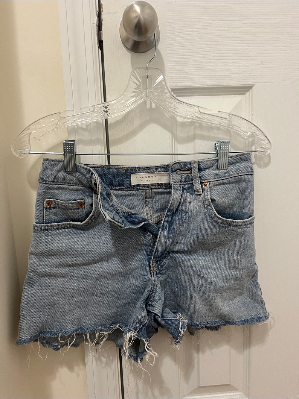 Topshop Washed Light Blue Frayed Denim Shorts